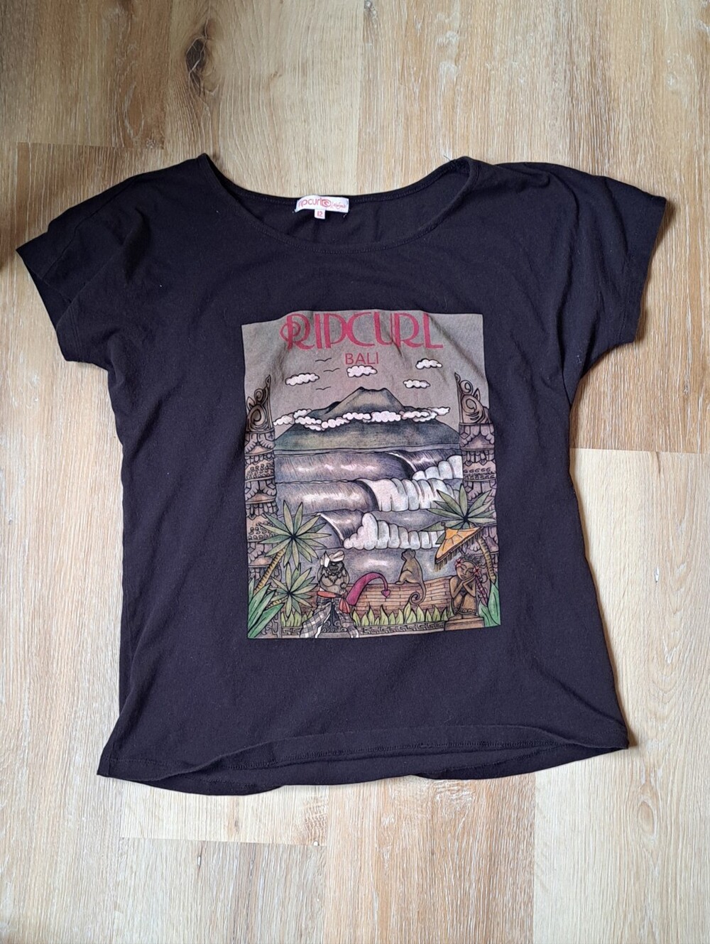 Rip Curl Black Short Sleeve Scoop Neck Tee with Bali Surf Graphic